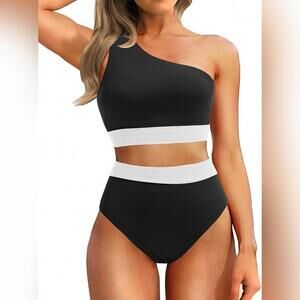 NWT Holipick Two Piece One Shoulder High Waisted Full Coverage Swimsuit, M(8-10)